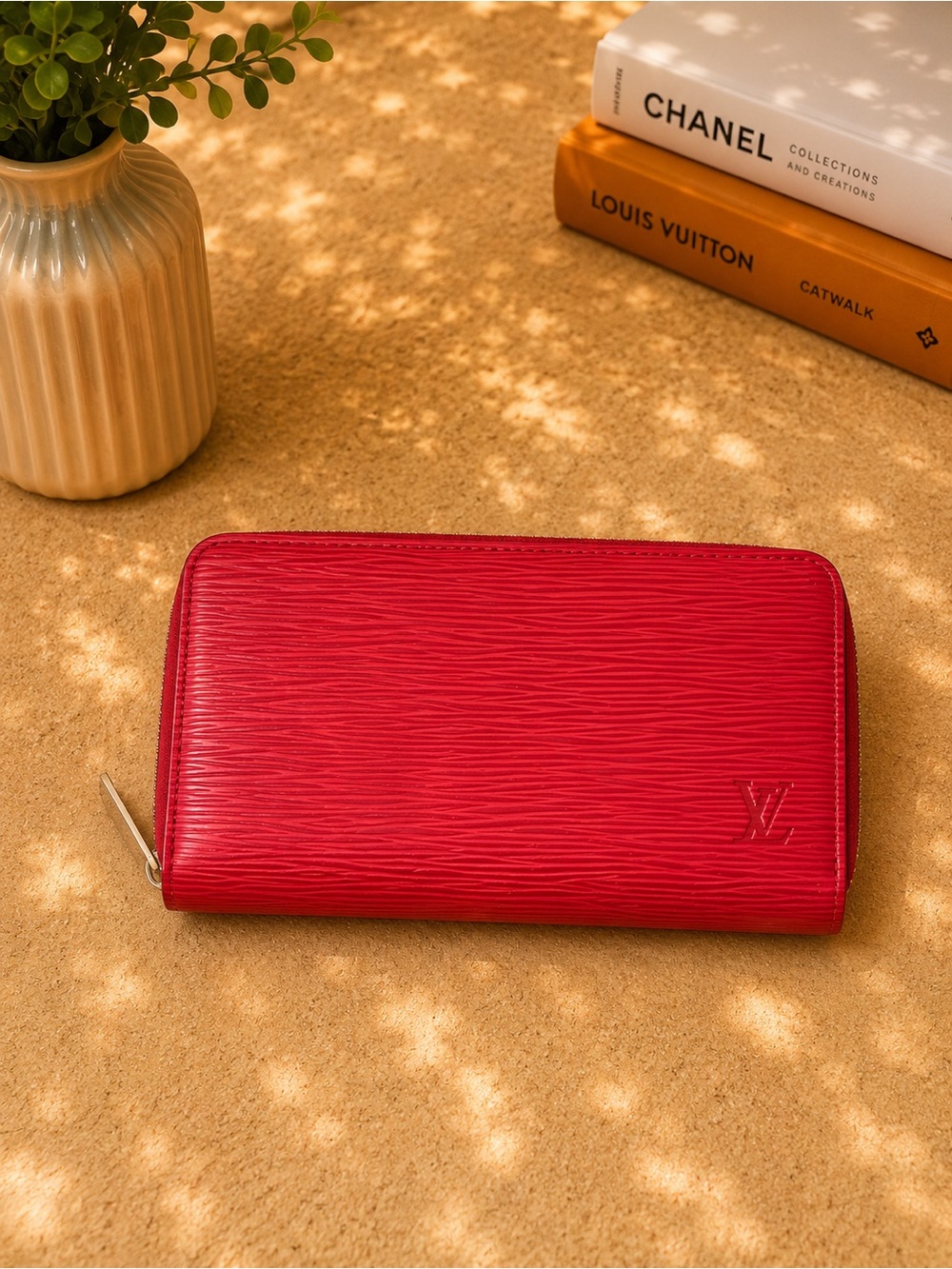 Louis Vuitton Red Epi Zip Wallet with Embossed LV